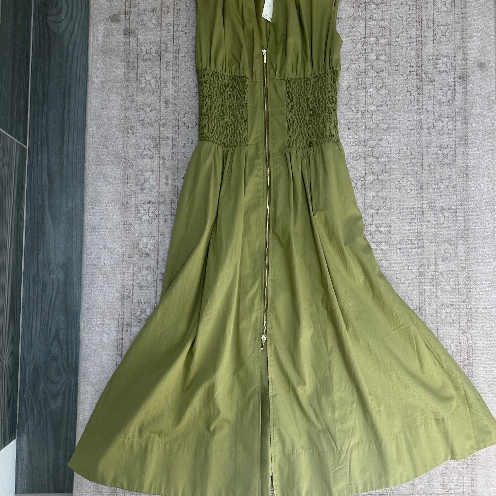 Anthropologie olive green cotton a-line dress  with waist cinch.